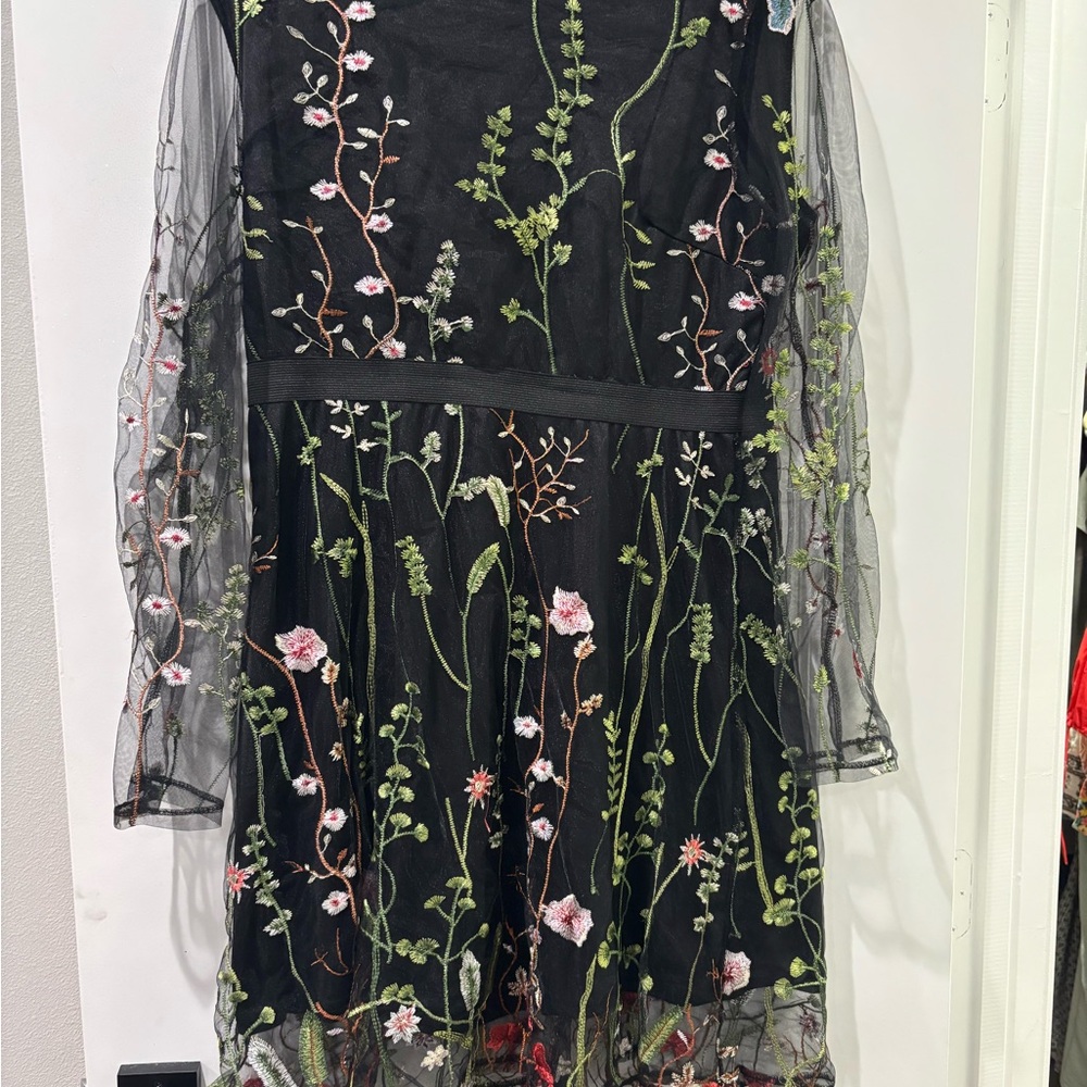 Amazon Black Floral Embroidered Mini Dress